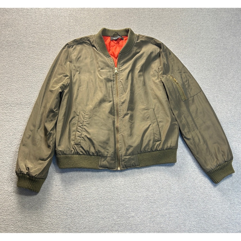 New Look Bomber Flight Jacket Womens XL Olive Green MA-1 Orange Lined Full Zip